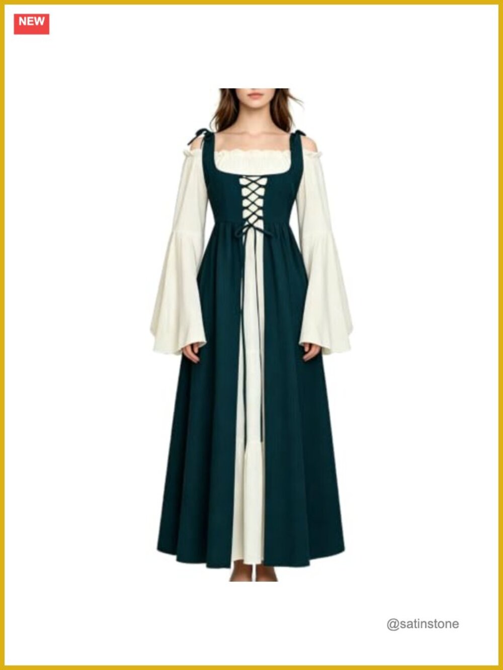 Renaissance Costume Women Medieval Fairy Dress Bell Sleeve Lace Up